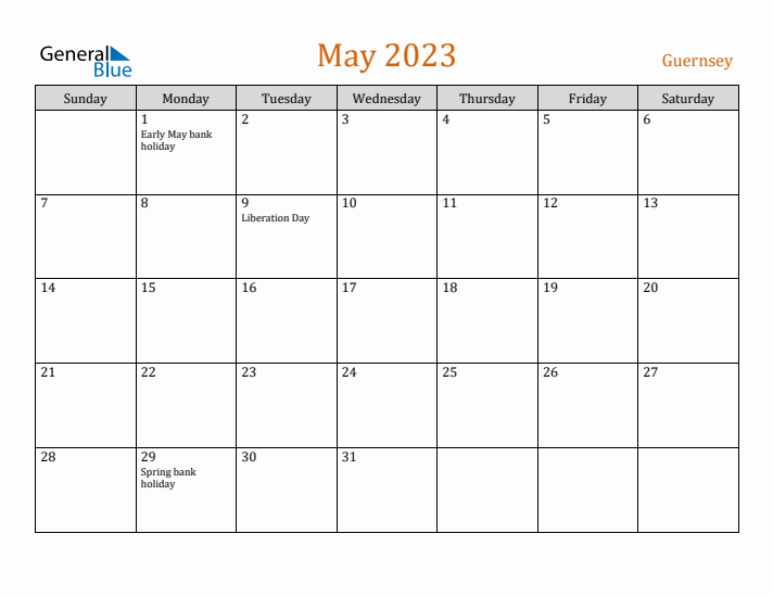May 2023 Holiday Calendar with Sunday Start