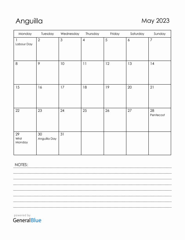 May 2023 Anguilla Calendar with Holidays (Monday Start)