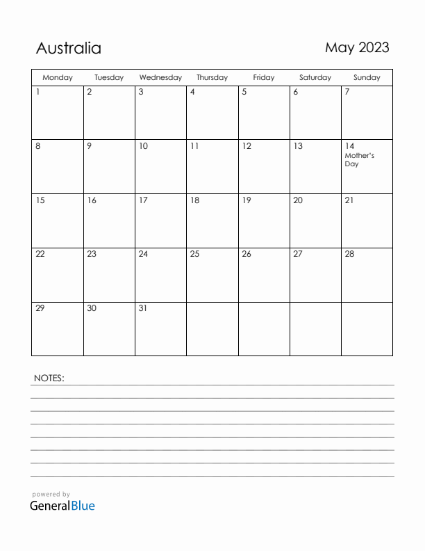 May 2023 Australia Calendar with Holidays (Monday Start)
