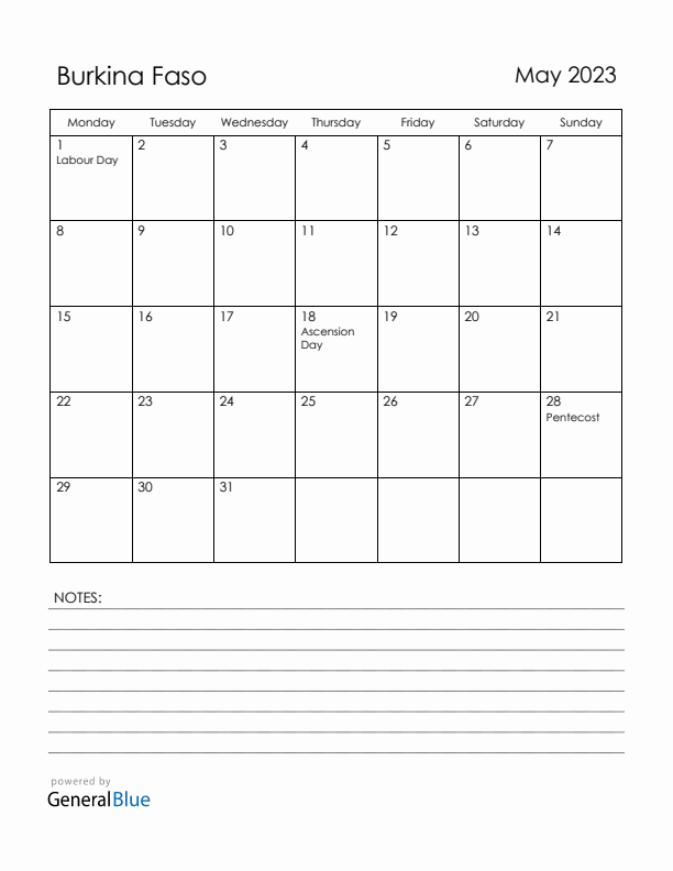 May 2023 Burkina Faso Calendar with Holidays (Monday Start)