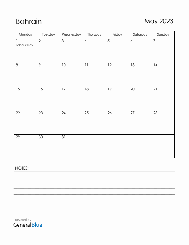 May 2023 Bahrain Calendar with Holidays (Monday Start)