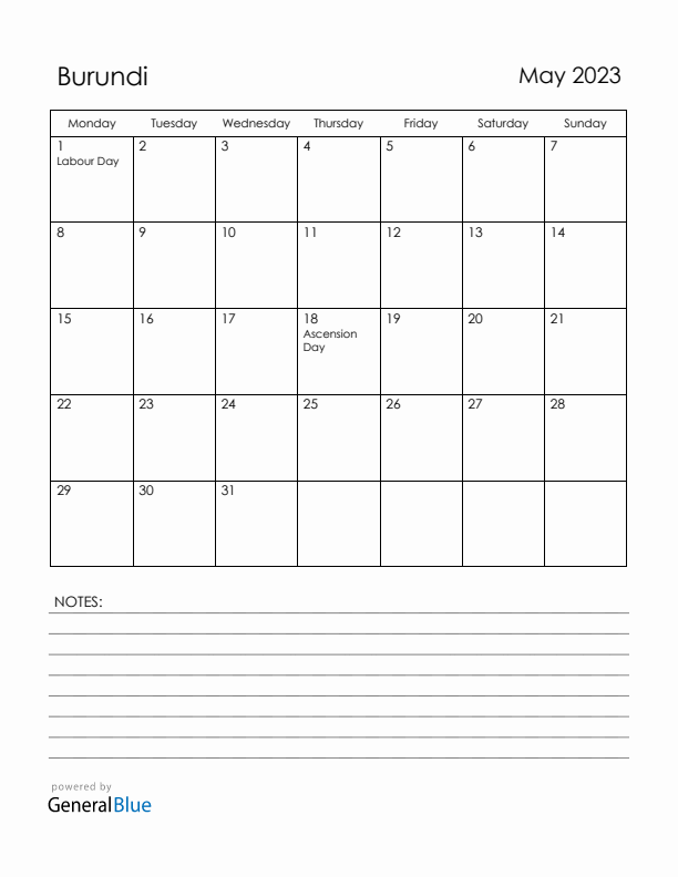 May 2023 Burundi Calendar with Holidays (Monday Start)