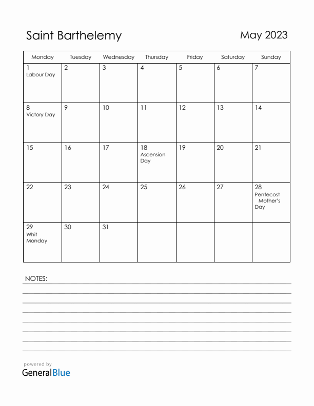 May 2023 Saint Barthelemy Calendar with Holidays (Monday Start)