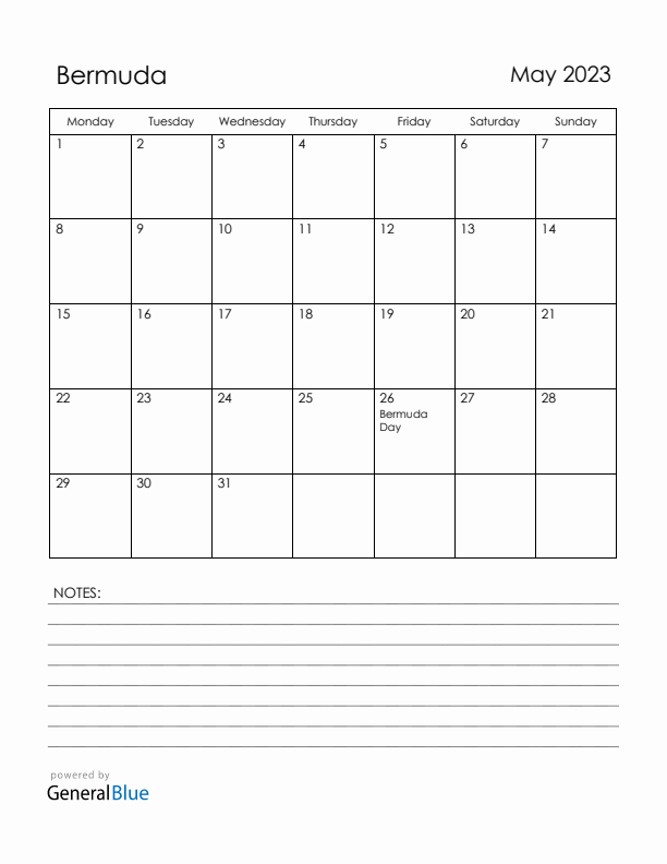 May 2023 Bermuda Calendar with Holidays (Monday Start)