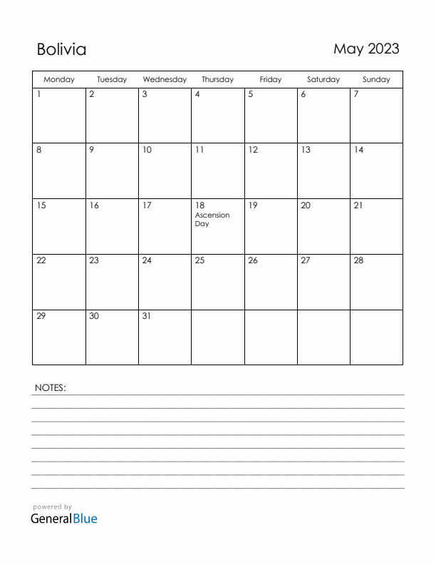 May 2023 Bolivia Calendar with Holidays (Monday Start)