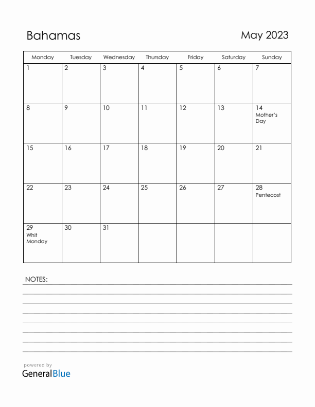 May 2023 Bahamas Calendar with Holidays (Monday Start)