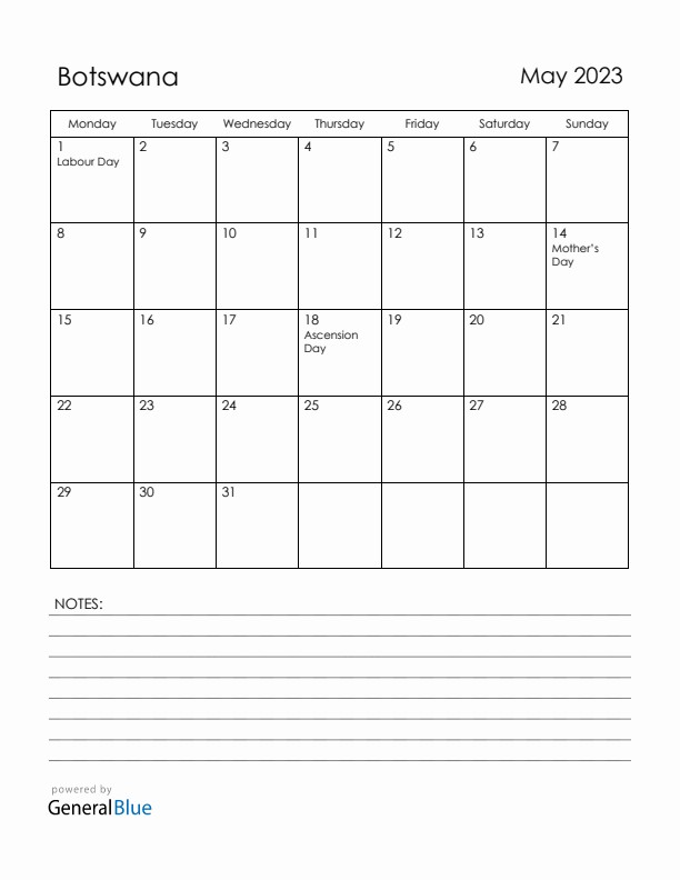 May 2023 Botswana Calendar with Holidays (Monday Start)