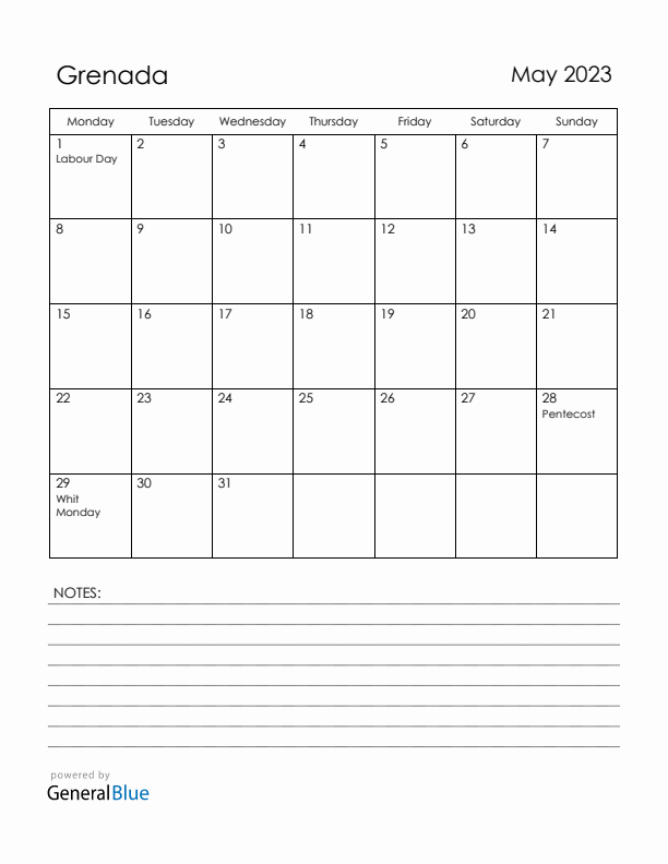 May 2023 Grenada Calendar with Holidays (Monday Start)