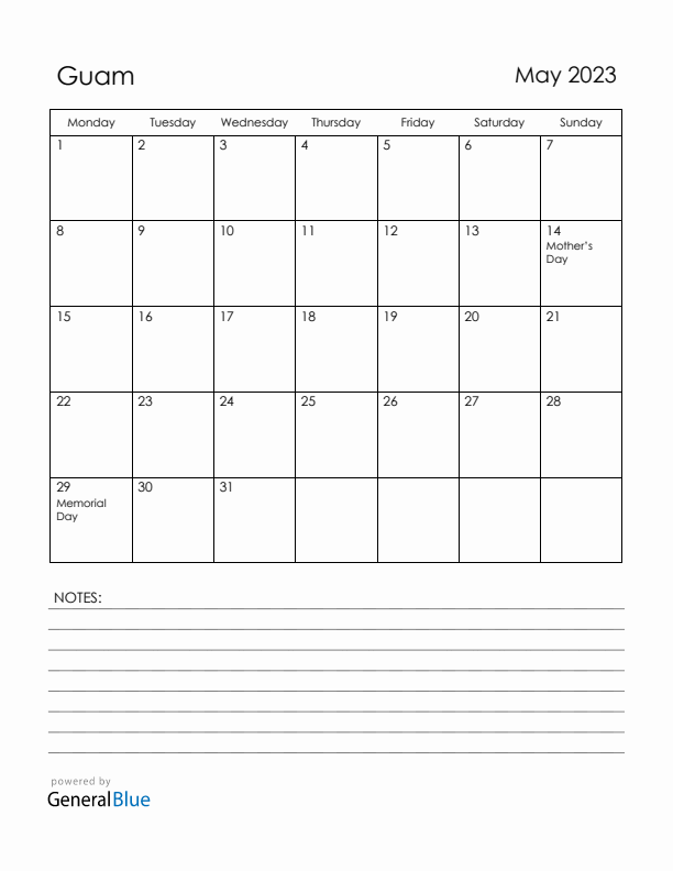 May 2023 Guam Calendar with Holidays (Monday Start)