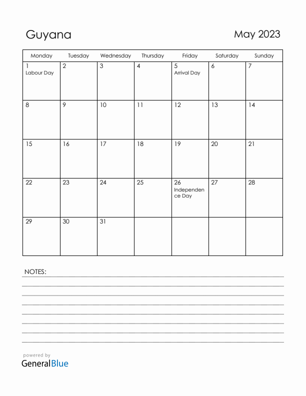 May 2023 Guyana Calendar with Holidays (Monday Start)