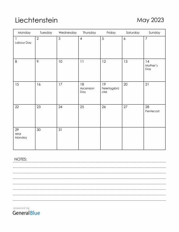 May 2023 Liechtenstein Calendar with Holidays (Monday Start)