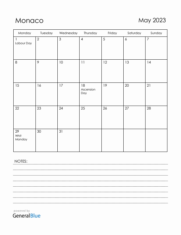 May 2023 Monaco Calendar with Holidays (Monday Start)