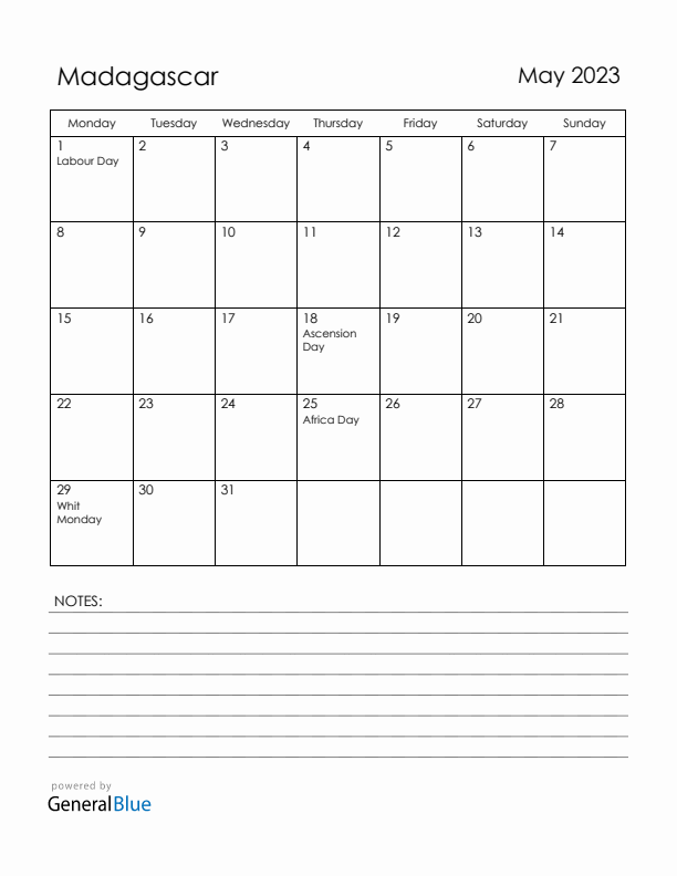 May 2023 Madagascar Calendar with Holidays (Monday Start)
