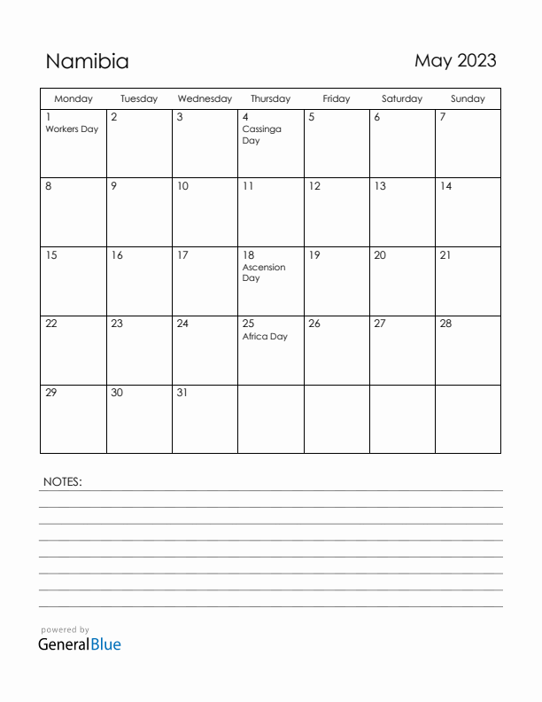 May 2023 Namibia Calendar with Holidays (Monday Start)