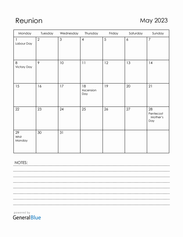 May 2023 Reunion Calendar with Holidays (Monday Start)
