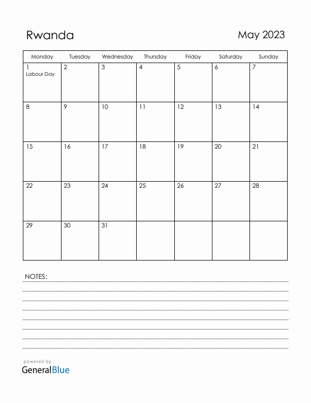 May 2023 Rwanda Calendar with Holidays (Monday Start)