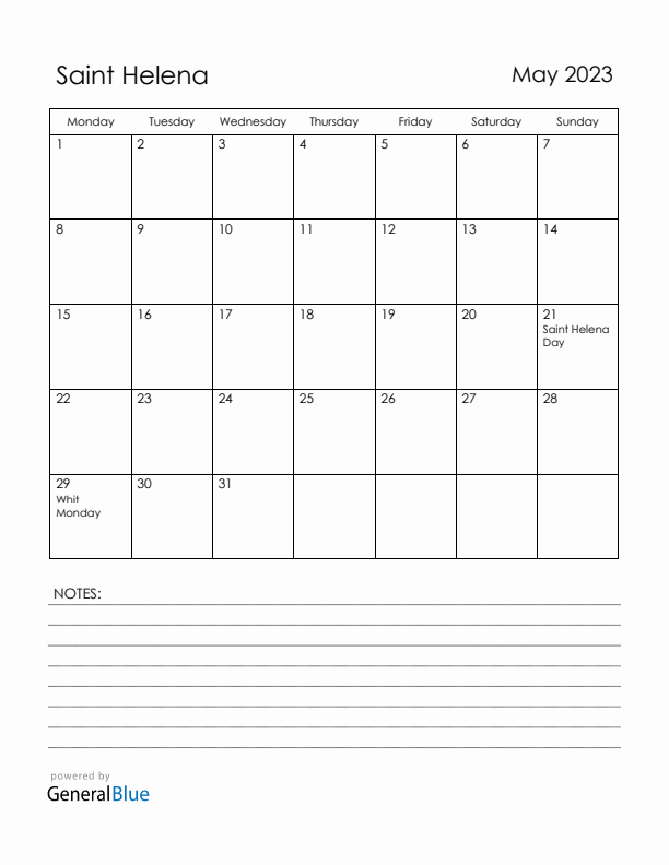 May 2023 Saint Helena Calendar with Holidays (Monday Start)