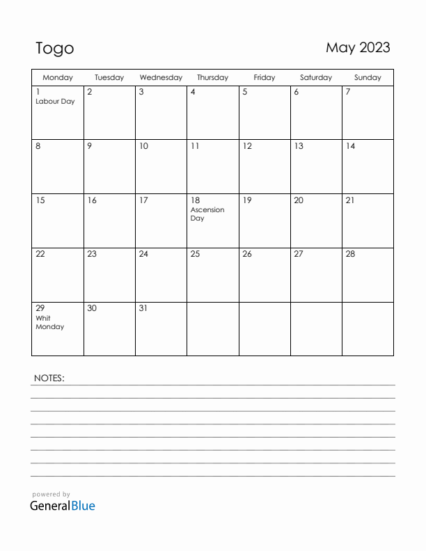 May 2023 Togo Calendar with Holidays (Monday Start)