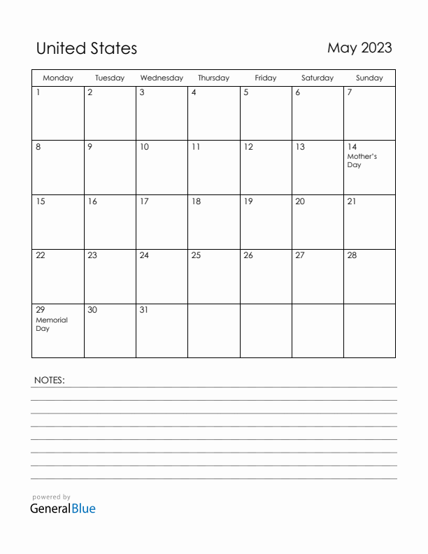 May 2023 United States Calendar with Holidays (Monday Start)