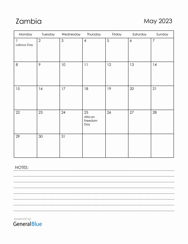 May 2023 Zambia Calendar with Holidays (Monday Start)