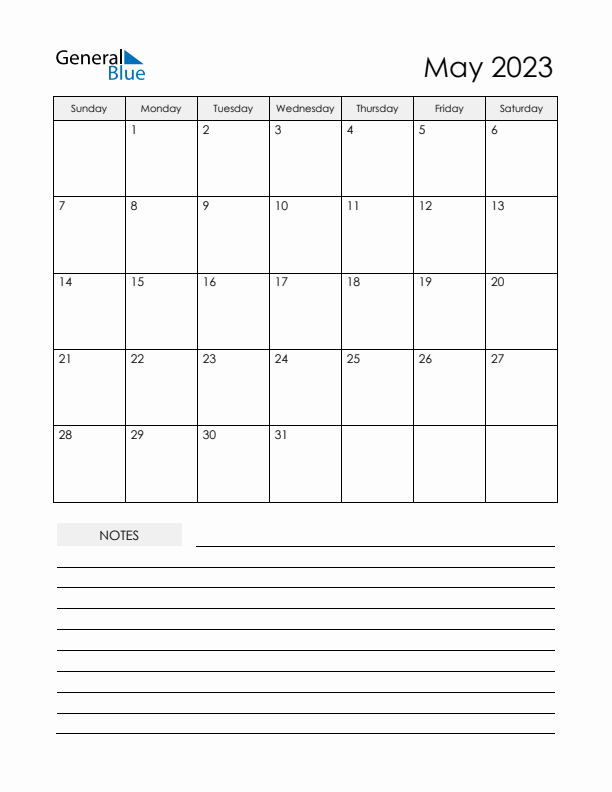 Printable Calendar with Notes - May 2023 