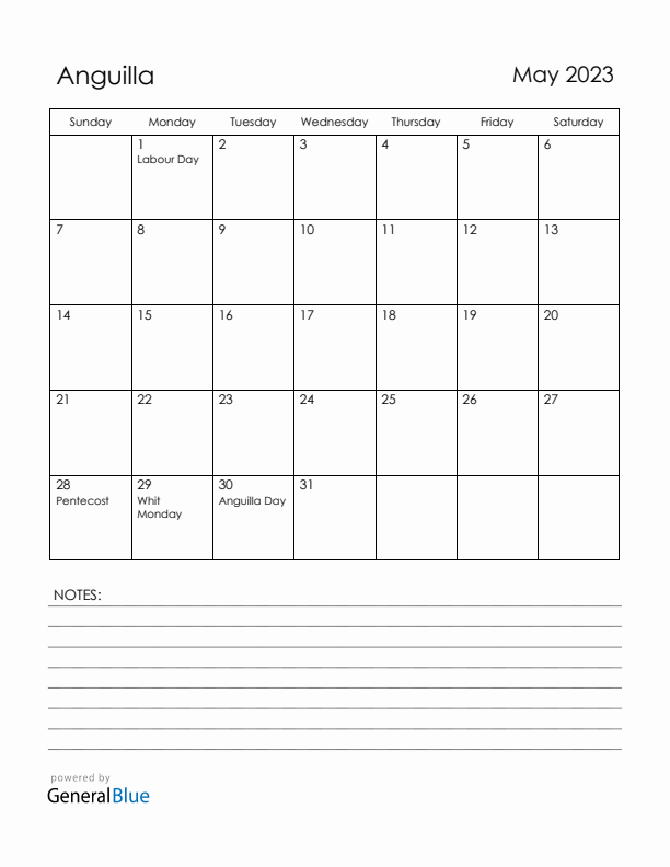 May 2023 Anguilla Calendar with Holidays (Sunday Start)