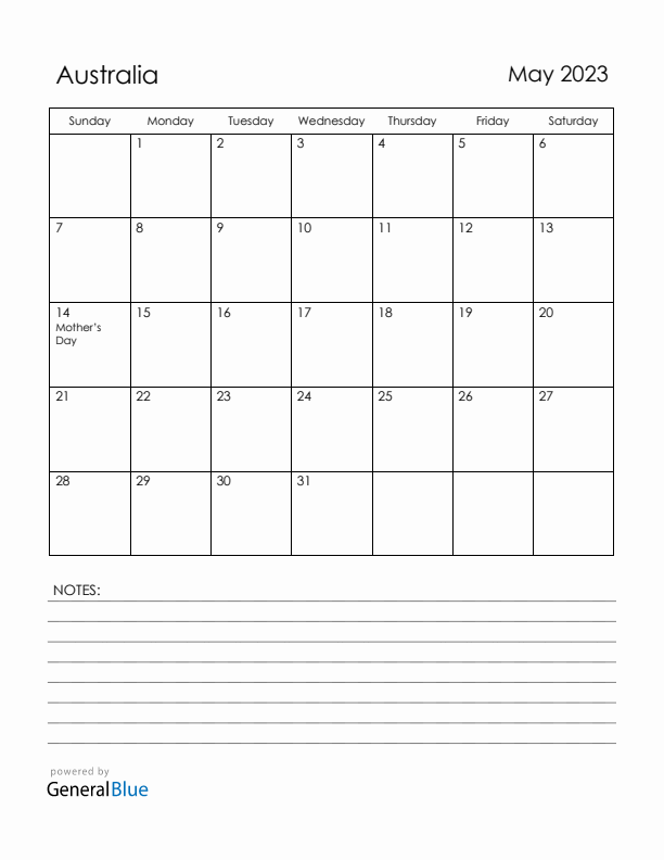 May 2023 Australia Calendar with Holidays (Sunday Start)