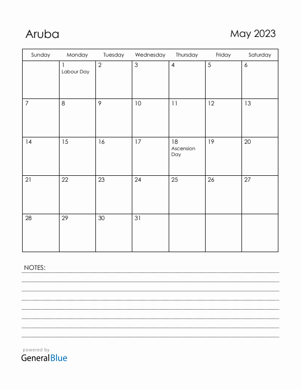 May 2023 Aruba Calendar with Holidays (Sunday Start)