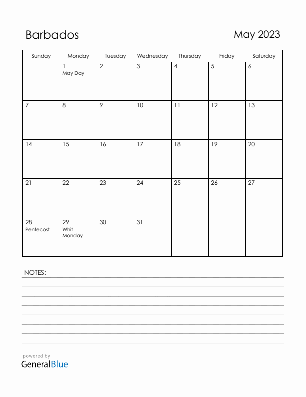 May 2023 Barbados Calendar with Holidays (Sunday Start)