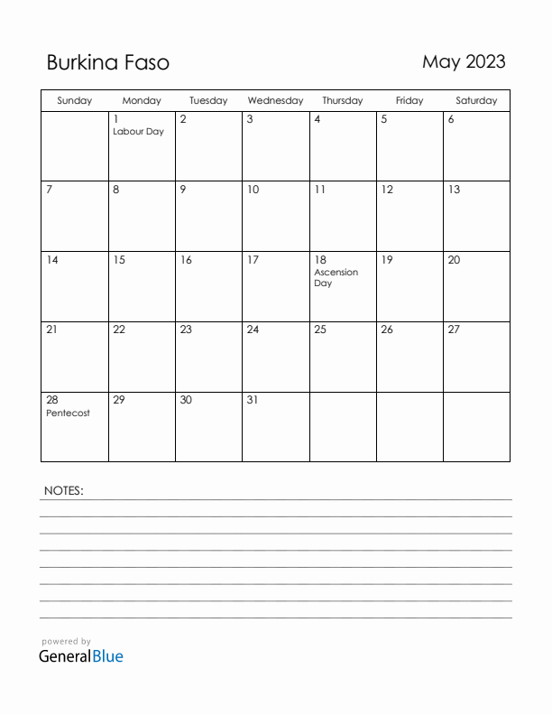 May 2023 Burkina Faso Calendar with Holidays (Sunday Start)