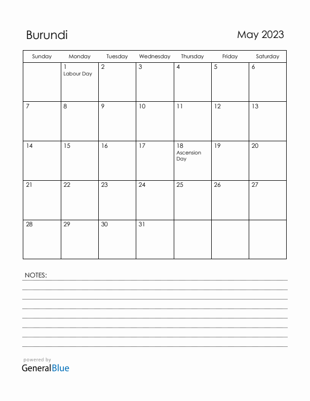May 2023 Burundi Calendar with Holidays (Sunday Start)