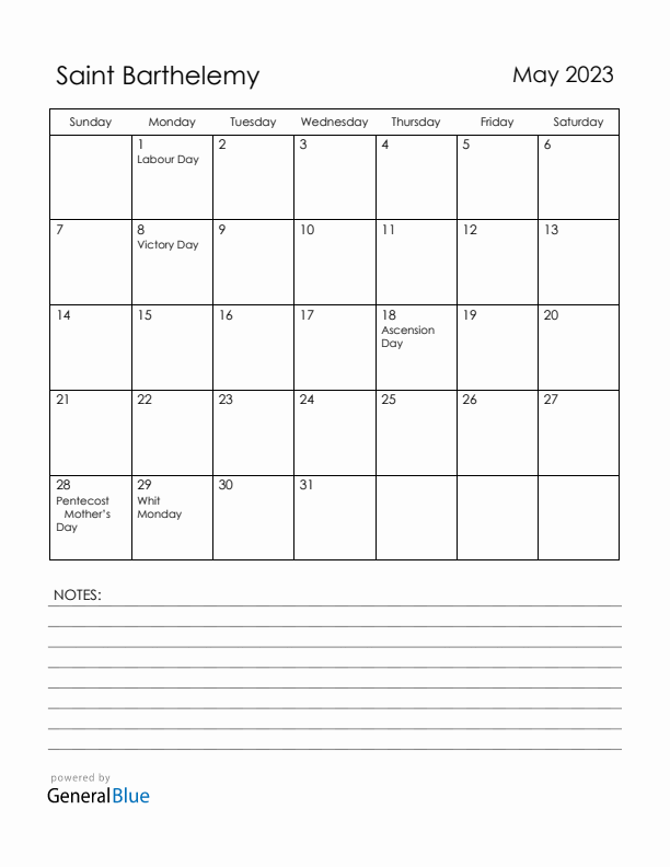 May 2023 Saint Barthelemy Calendar with Holidays (Sunday Start)