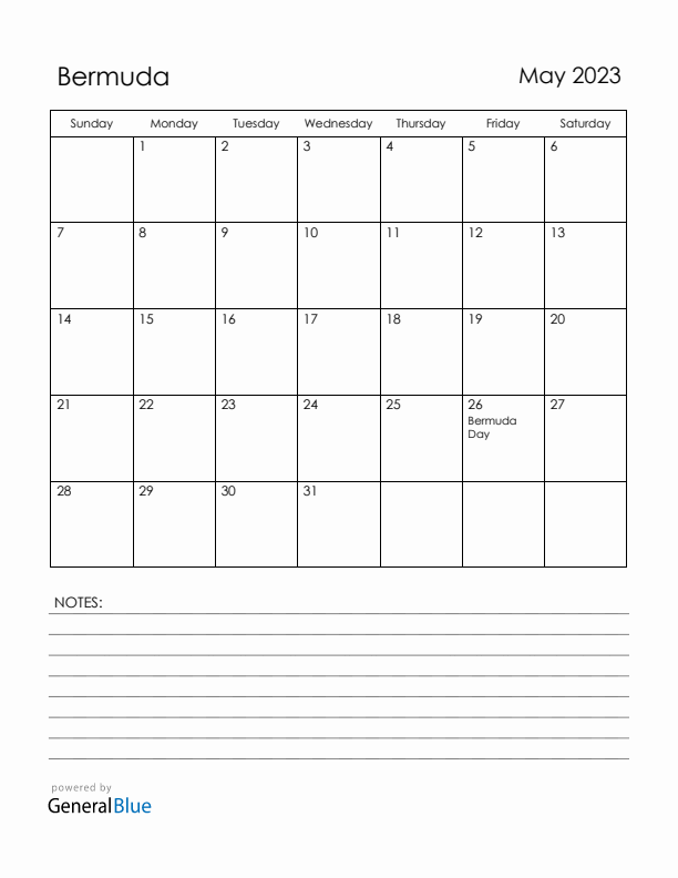 May 2023 Bermuda Calendar with Holidays (Sunday Start)