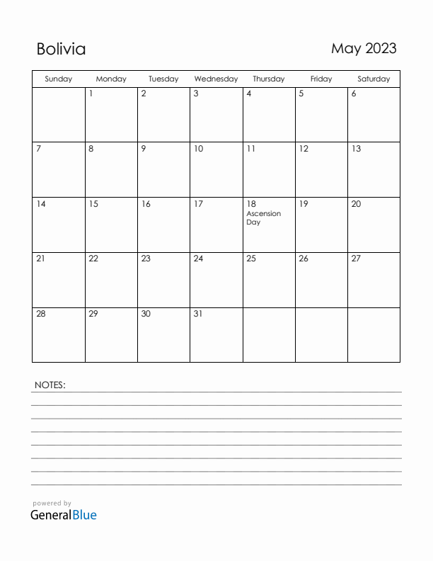 May 2023 Bolivia Calendar with Holidays (Sunday Start)