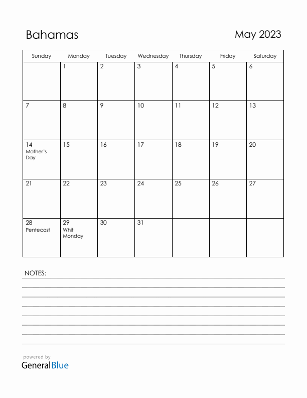 May 2023 Bahamas Calendar with Holidays (Sunday Start)