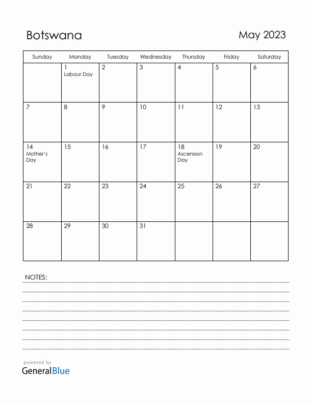 May 2023 Botswana Calendar with Holidays (Sunday Start)