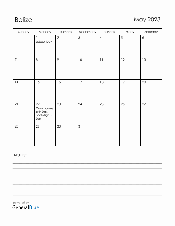 May 2023 Belize Calendar with Holidays (Sunday Start)