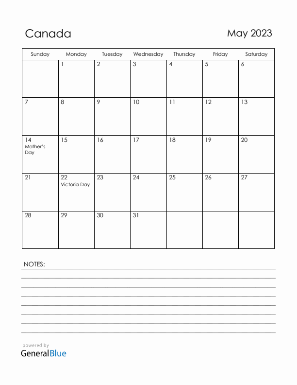 May 2023 Canada Calendar with Holidays (Sunday Start)