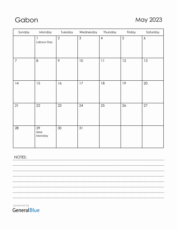 May 2023 Gabon Calendar with Holidays (Sunday Start)
