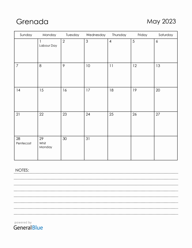 May 2023 Grenada Calendar with Holidays (Sunday Start)