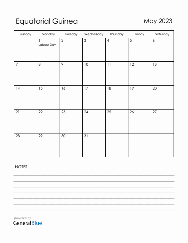 May 2023 Equatorial Guinea Calendar with Holidays (Sunday Start)