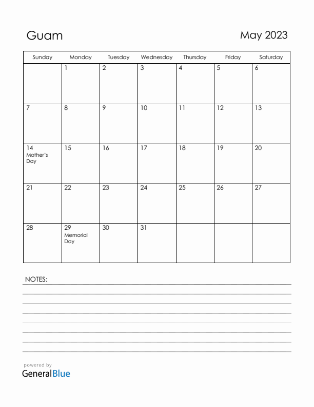 May 2023 Guam Calendar with Holidays (Sunday Start)
