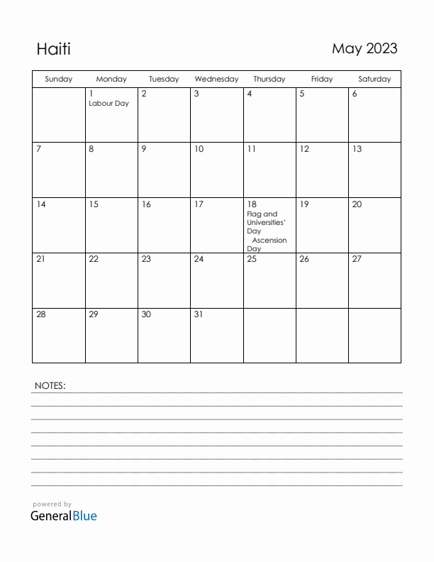 May 2023 Haiti Calendar with Holidays (Sunday Start)