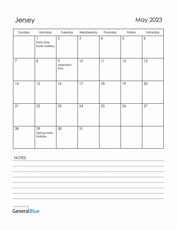 May 2023 Jersey Calendar with Holidays (Sunday Start)
