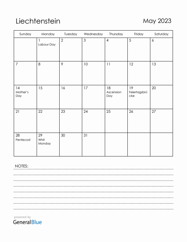 May 2023 Liechtenstein Calendar with Holidays (Sunday Start)