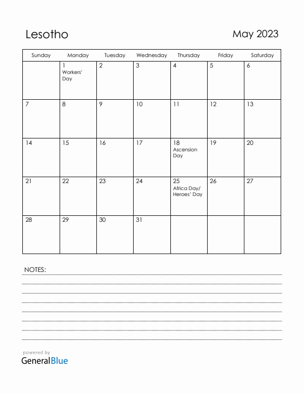 May 2023 Lesotho Calendar with Holidays (Sunday Start)