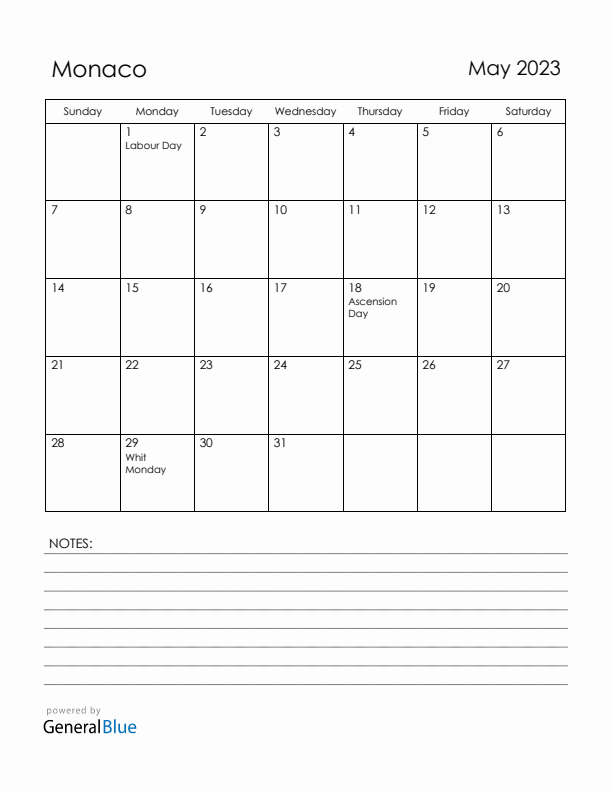 May 2023 Monaco Calendar with Holidays (Sunday Start)