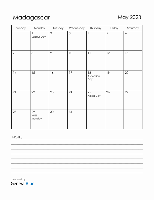 May 2023 Madagascar Calendar with Holidays (Sunday Start)