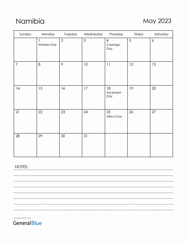 May 2023 Namibia Calendar with Holidays (Sunday Start)