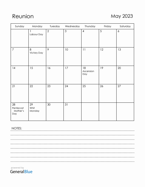 May 2023 Reunion Calendar with Holidays (Sunday Start)